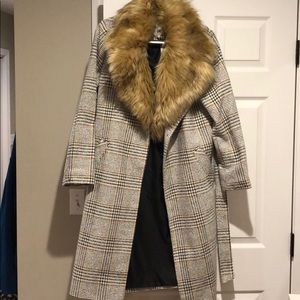 River Island Brown Check Belted Faux Fur Robe Coat